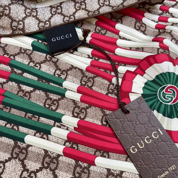 Gucci Scarf Logo GG Print Club WEB Beige Brown Silk Wrap - Picture 8 of 12